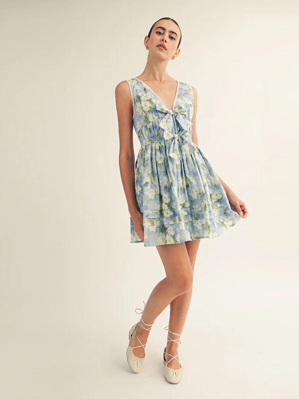 Tie-Front V-Neck Mini Dress in Blue and Green Floral
